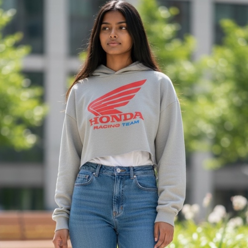Honda Racing Team Cropped Hoodie - Light Gray with Red Logo